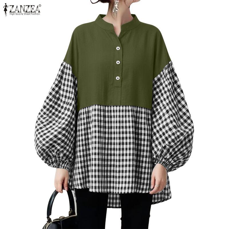 ZANZEA Women Plaid Print Splice Long Sleeve Loose Casual Blouse