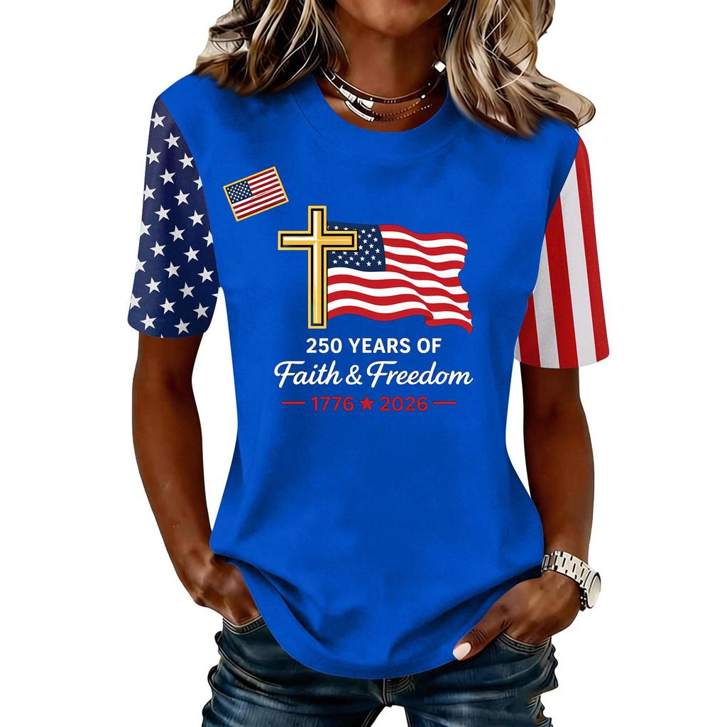 Womens Casual Crewneck Short Sleeve T Shirt Top with 250 Years and Print Flag Cross Graphic 1776 2026
