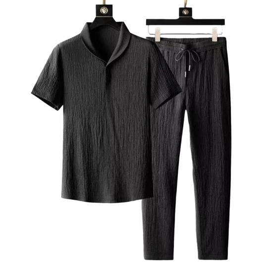 2Pcs/Set Casual Outfit for Men, Lapel Short Sleeve Shirt And Elastic Waist Loose Long Pants, Summer Ultra-Thin Ice Silk Outfit for Home And Daily Wear