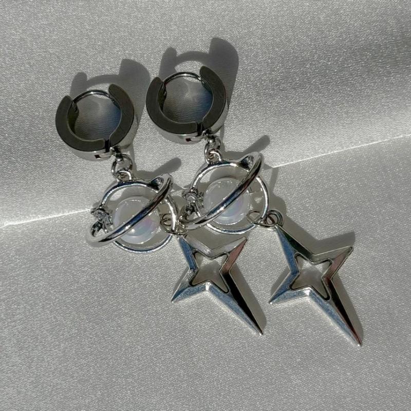 Neptune Dangle Earrings Nickel Free Hypoallergenic Y2K Goth Punk Edgy Grunge Jewelry Silvery Tone