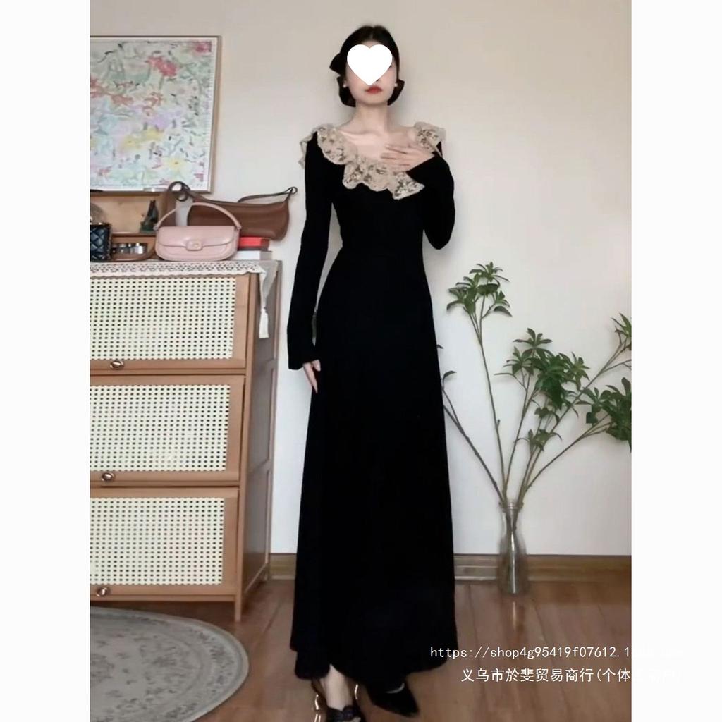 French Hepburn New Long-sleeved Autumn and Winter New Thin Lace Temperament Long Dress Black Dress