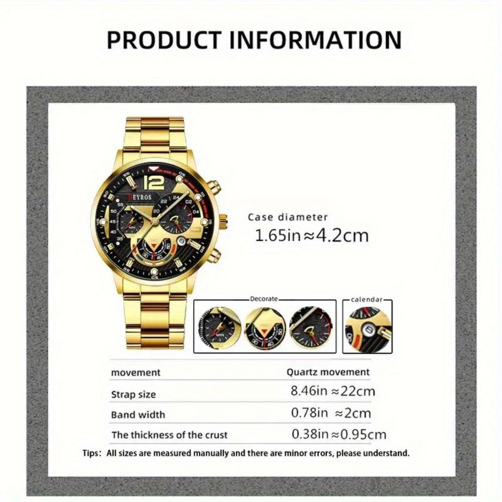 2PCS Set Fashion Business Luxury Men's Quartz Watch Stainless Steel Strap Date Watch & Bracelet, Men's Gifts