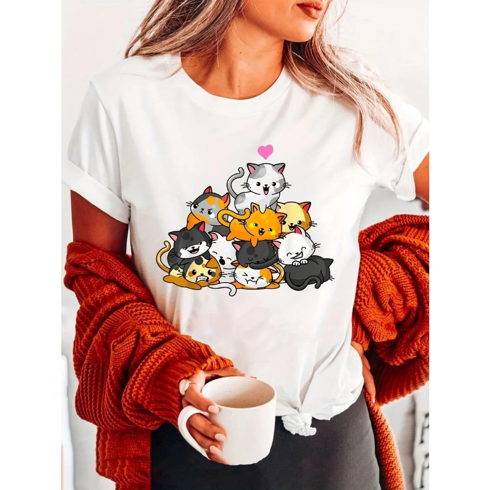 Cats Print Crew Neck T-Shirt Casual Short Sleeve for Spring Summer Women's Clothing Harajuku Sleeve Casual Aesthetic Clothes