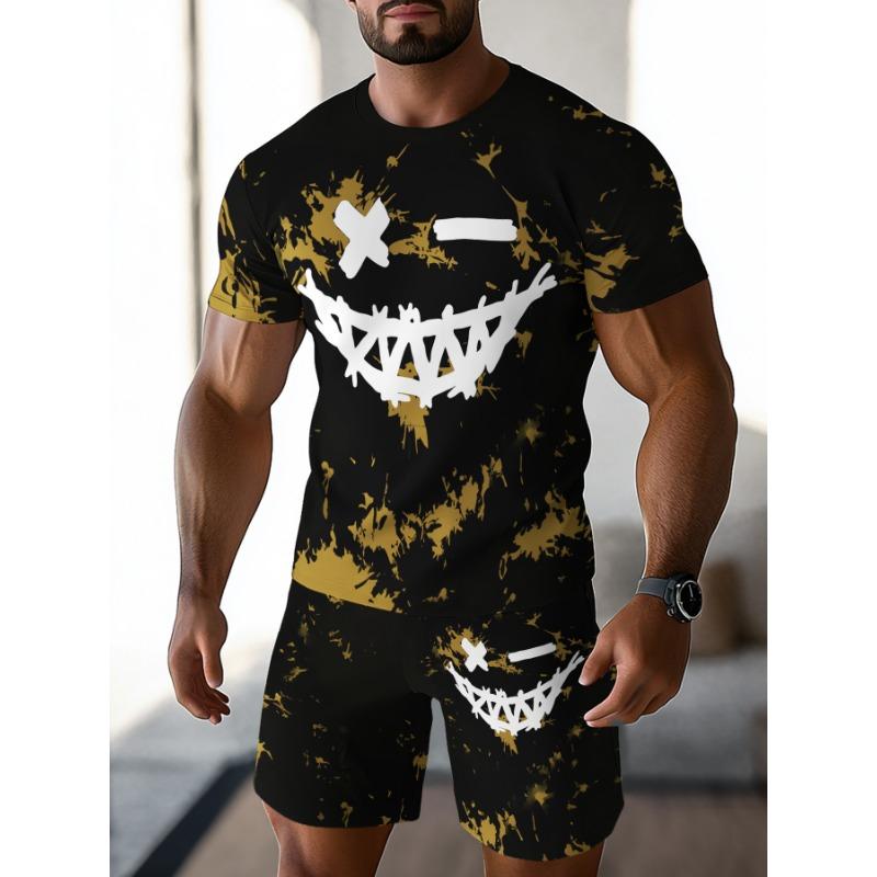 Casual sports suit breathable outdoor casual men's T-shirt five-point pants suit summer 3D printing suit male adult
