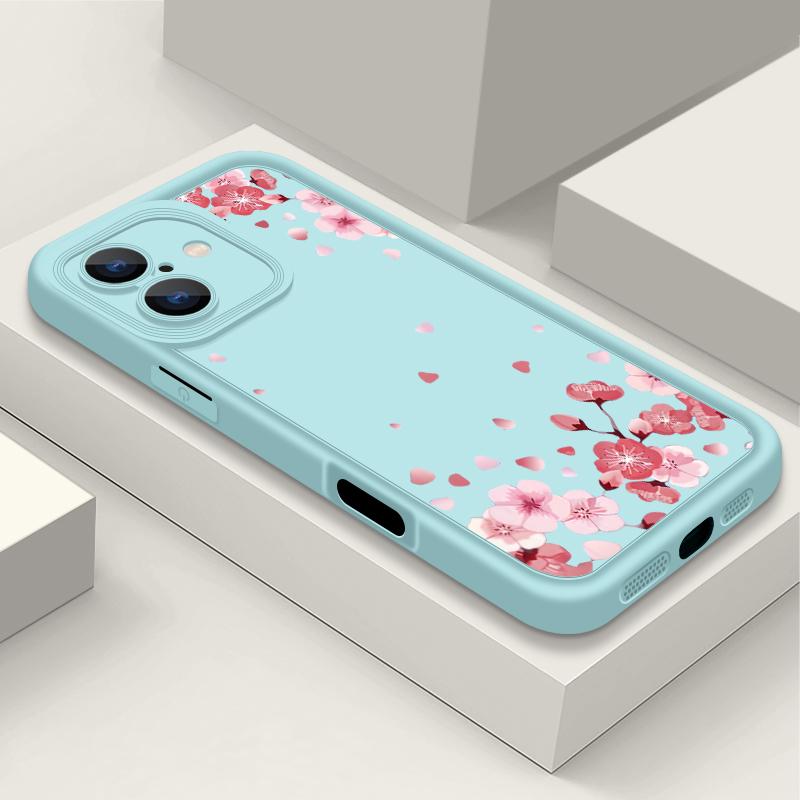 

Противоударный чехол с розовым узором сакуры для iPhone 16 Pro Max 15 Plus 14 Pro 13 12 11 XS XR 8 7 TPU Мягкий Матовый Силиконовый Чехол для Телефона iPhone 11 светло-синий