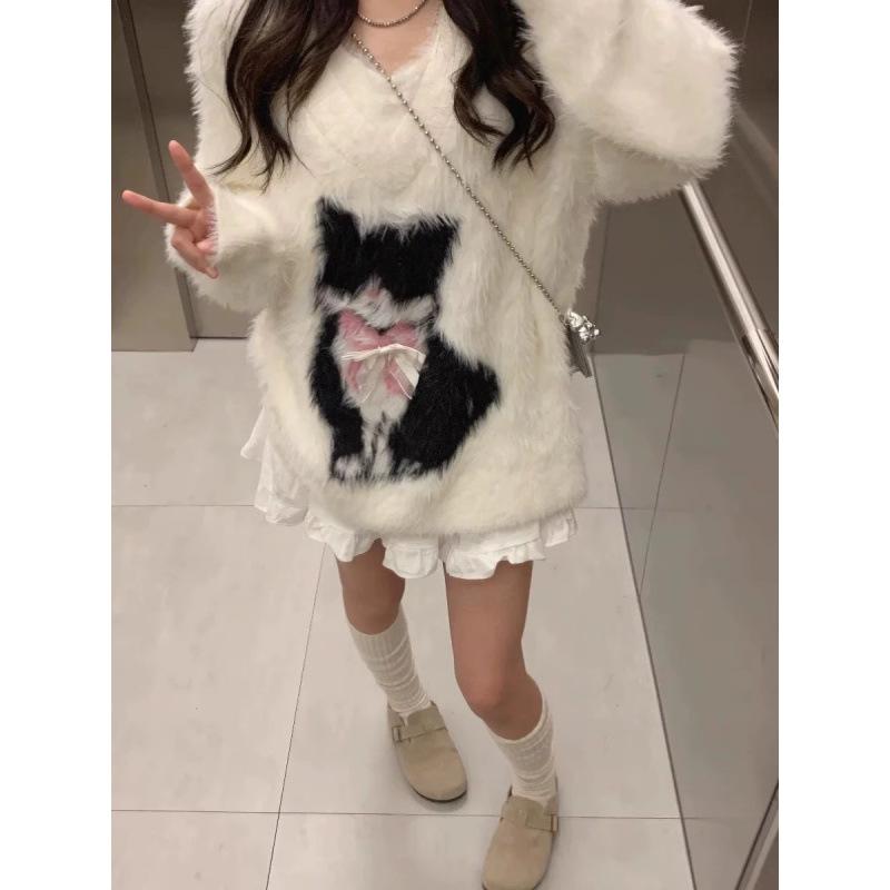 Pulover cu gât în V din blană de nurcă imitație jacquard cu pisică pentru femei, toamnă și iarnă, stil leneș, tricotaj larg, top moale și glutinos