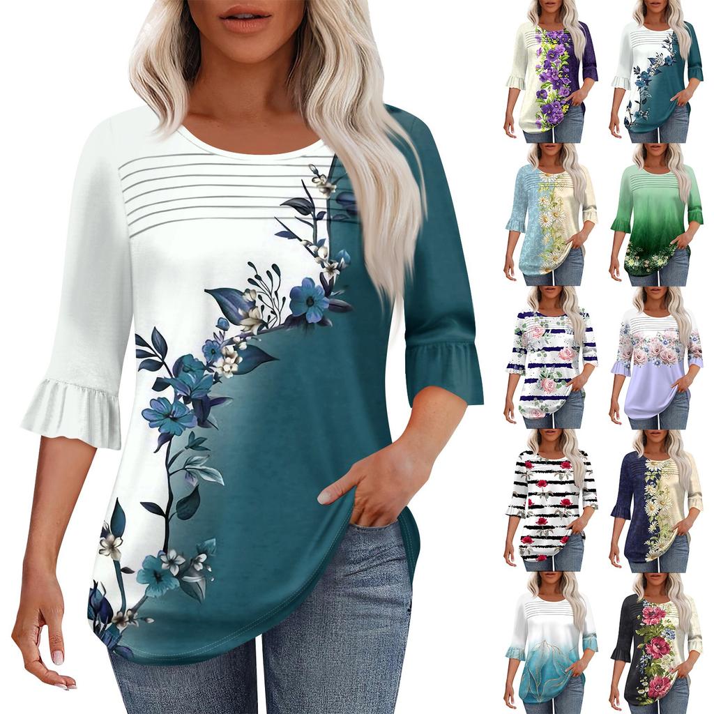 Women's Fashion Round Neck Pleated Front Printed  Points Flared 3/4Sleeve Top