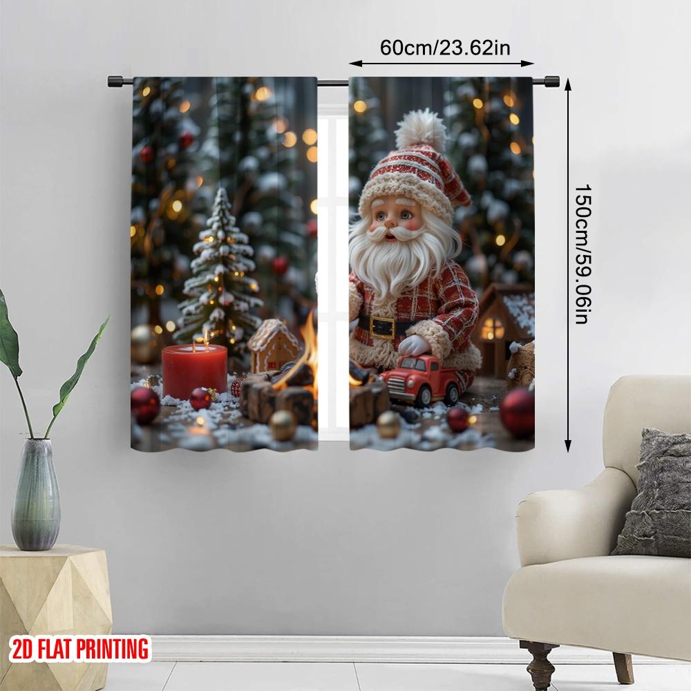 2pcs 2D flat printing Christmas Scene Curtain Warm winter scene Polyester Without Electricity Birthday Party Perfect for Holiday