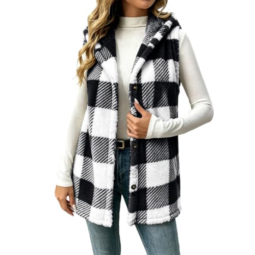 Women's Fashion Plaid Hooded Button-Front Vest Jacket