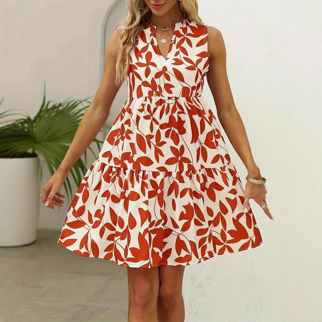 Women bohemian Summer Sleeveless leaves printed Holiday One Piece Dress
