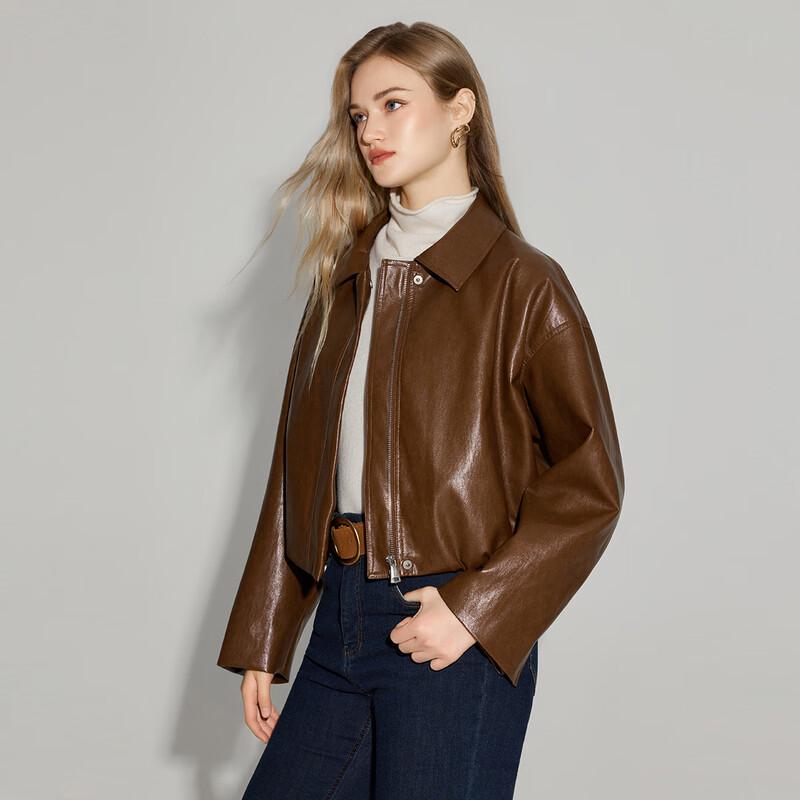 Damska Krótka Kurtka Retro ze Skóry PU z Długim Rękawem