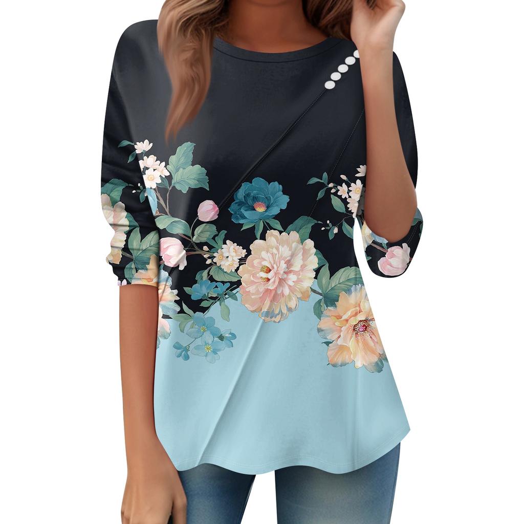 Women's Loose Casual Long Sleeve Top Round Neck Button Pull Stripe Prints T Shirt