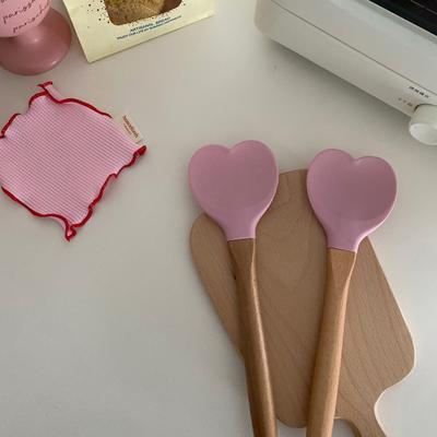 Alla hjärtans dag Rosa Kärlek Silikonspatel Hjärtformad Trähandtag Bakspatlar Köksredskap Göra Tårta Bakverktyg