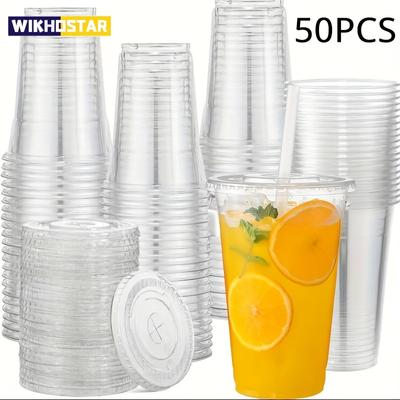 50pcs Plastic Cups With Lids Clear Disposable Cups For Parties Iced Coffee Smoothie Milkshake Cold Drinks