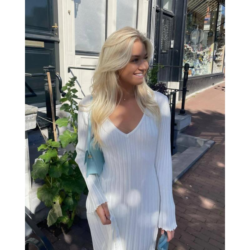 Rib-knit Side Split Maxi Dress Women Solid Color V-neck Slim Fit Robes Autumn Chic Office Lady Commuter Long Dresses