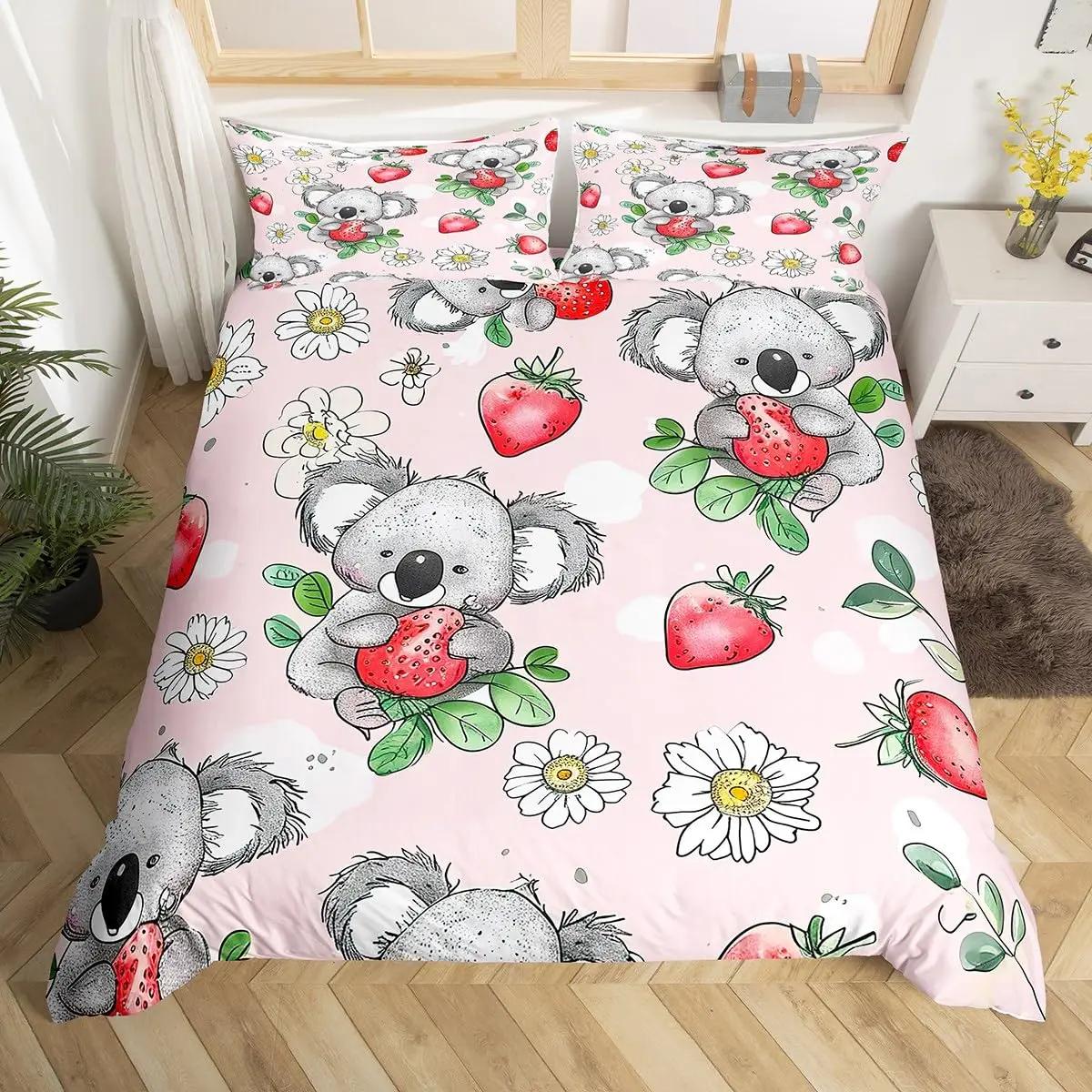 

Cute Koala Duvet Cover Twin SizePink Air Balloon Bedding Set Watercolor Flower Animals Comforter Cover Cartoon Quilt Cover EU King(240*220cm)3pcs