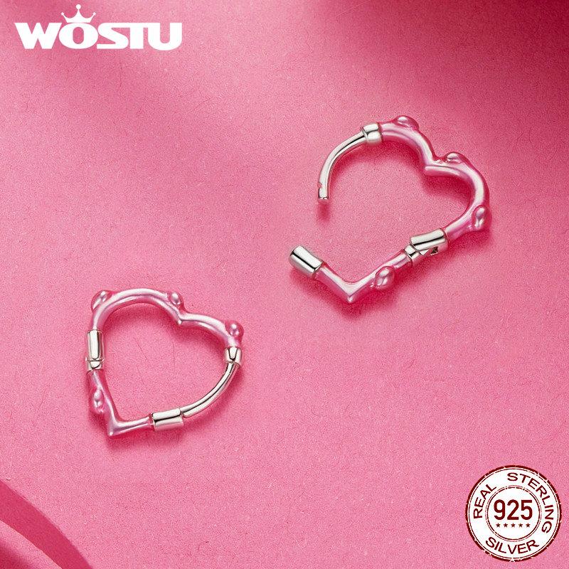 WOSTU 925 Sterling Silver Princess Pink Bow Heart Stud Earrings Women Lovely Crystal Pearl Ear Studs Girl Birthday Jewelry Gift