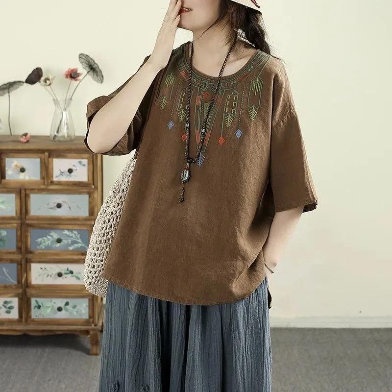 Literary Retro Embroidered Cotton and Linen Summer New Loose Round Neck Casual Half-sleeved Top