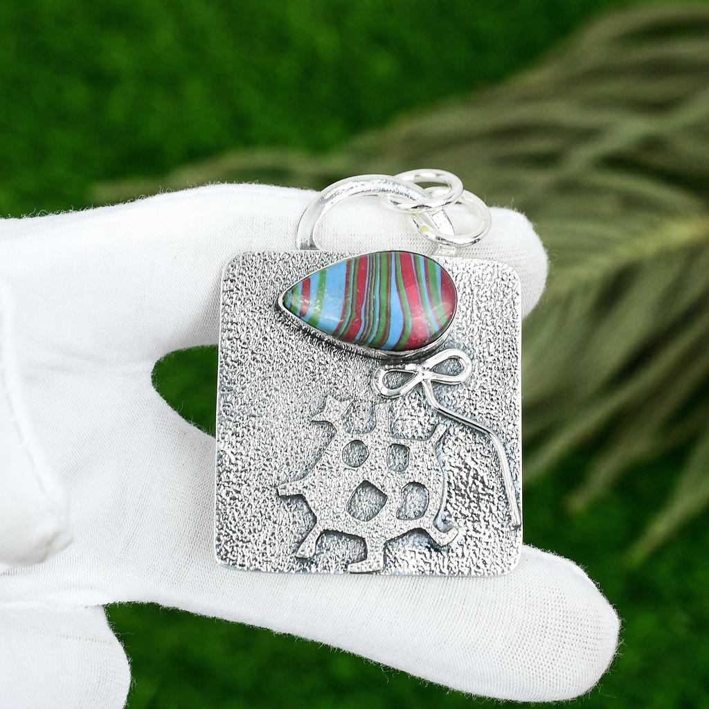 Friendship Day Sale Natural Rainbow Calsilica Sterling Silver Boho New Pendant