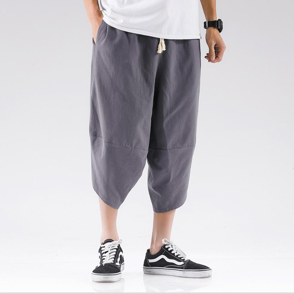 Men's Summer Fashion Leisure Color Cotton Linen Loose Calf-Length Pants