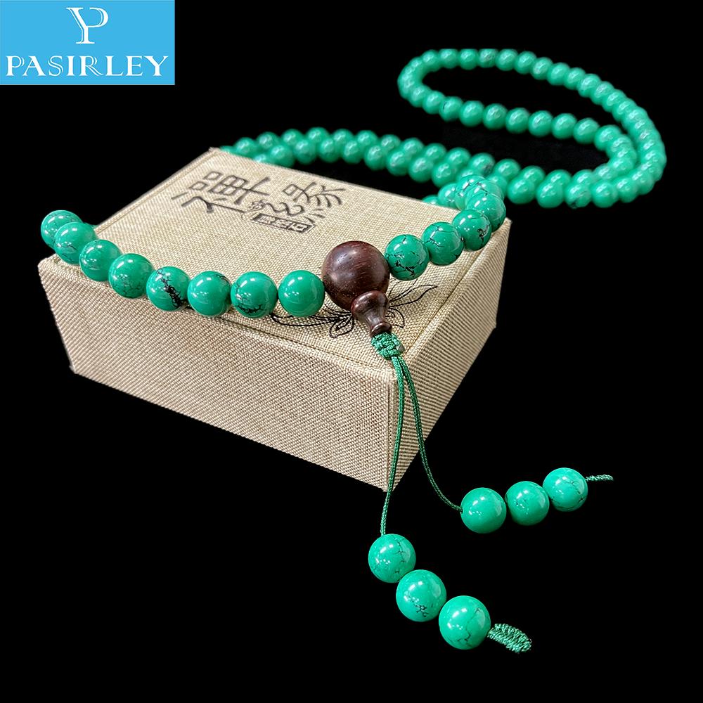 LANGYUE Handcrafted 10mm Synthetic Turquoise Heart-Shaped Buddha Beads 108 Beads Bracelet-Trendy Party Meditation Tassel