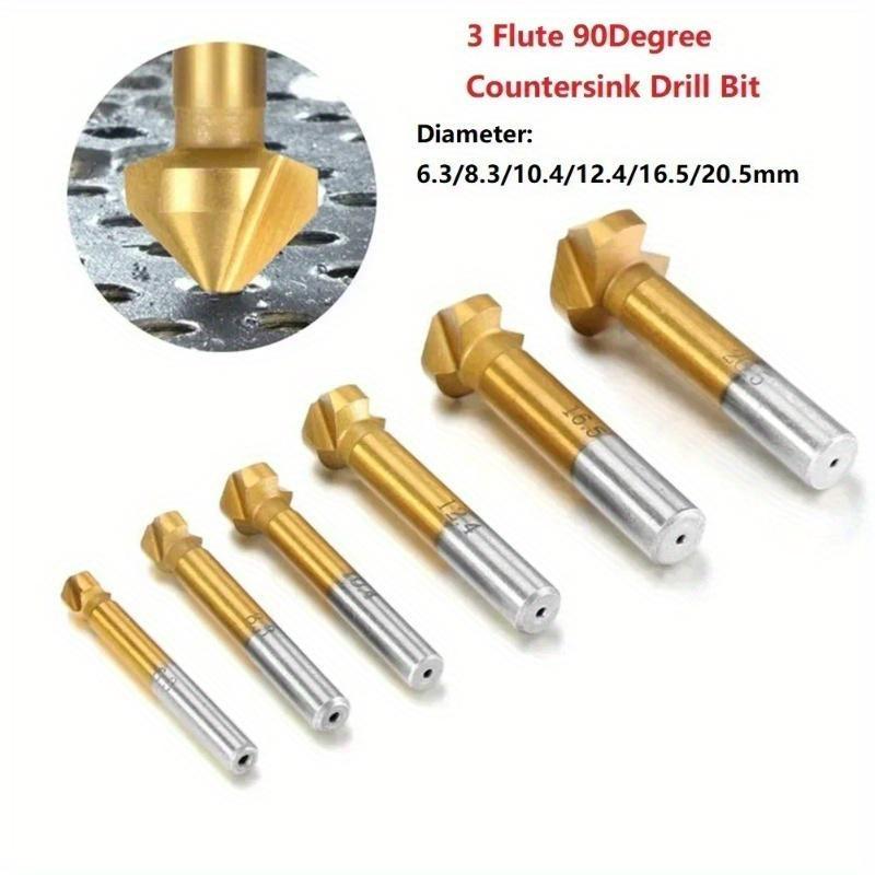 6Pcs/set Chamfering End Mill Tool Countersink Drill Bit Set Metal Wood 3 Flute 90 Degree High Speed Steel Titanium-Coated Deburring Hole