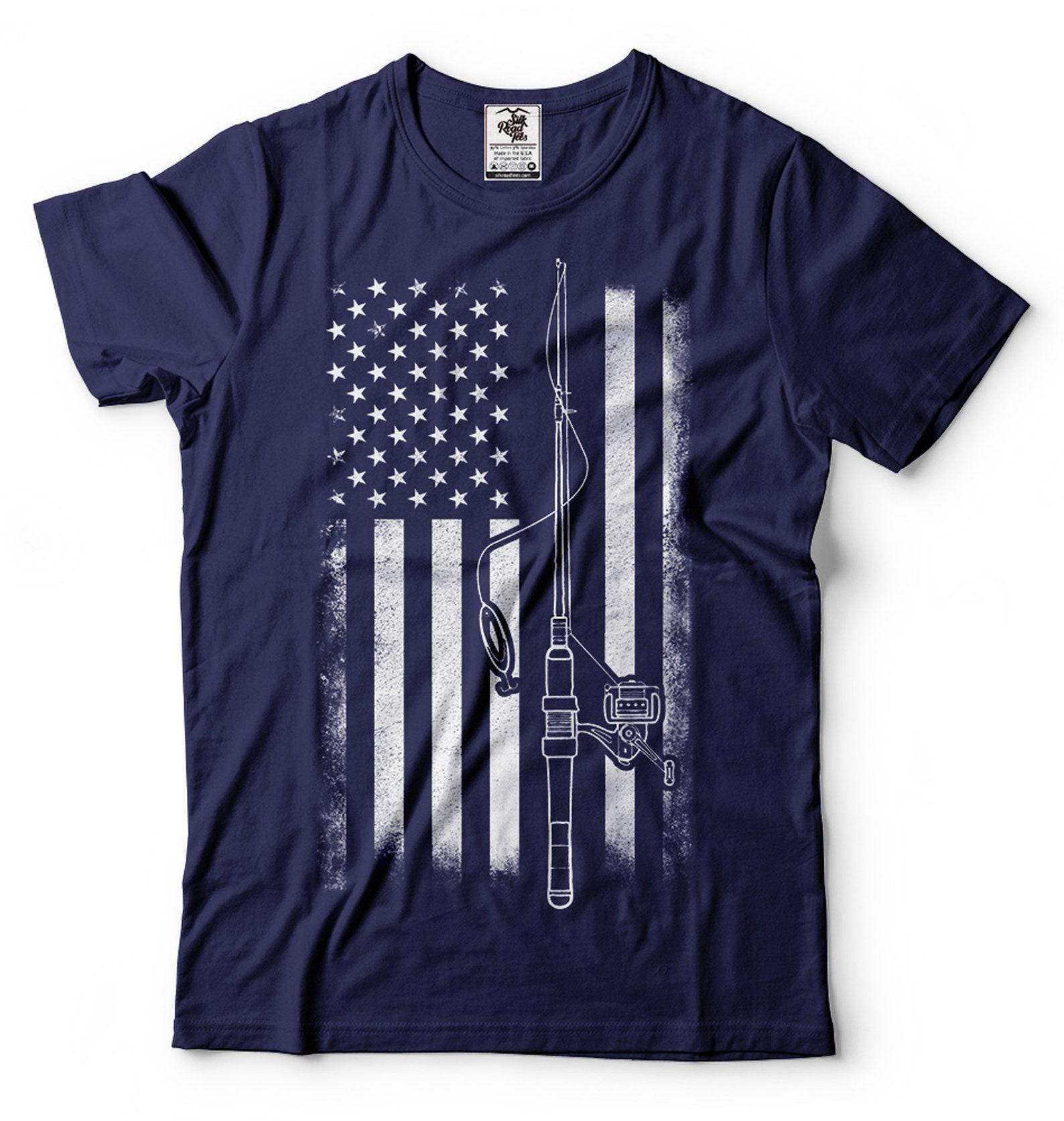 Mens Fishing T-Shirt: USA Flag Patriotic Fisherman Gift XL