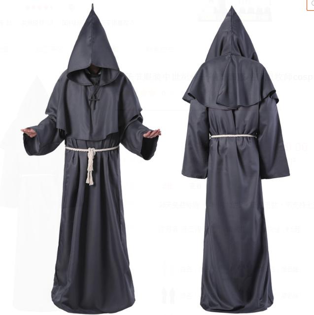 Medieval Monk Robe Monk Costume Halloween Cosplay Priest Wizard Hooded Multicolor Cape Cloak Waist Rope Cross Ornament Sets