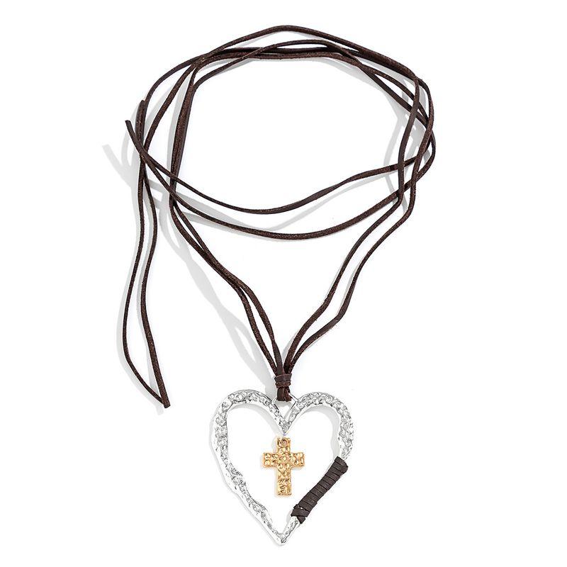 

Xiaohongshu Same Style Cross Peach Heart Pu Necklace for Women Fashion Retro Elegant and Personalized Free Knotting Necklace Tide Brown