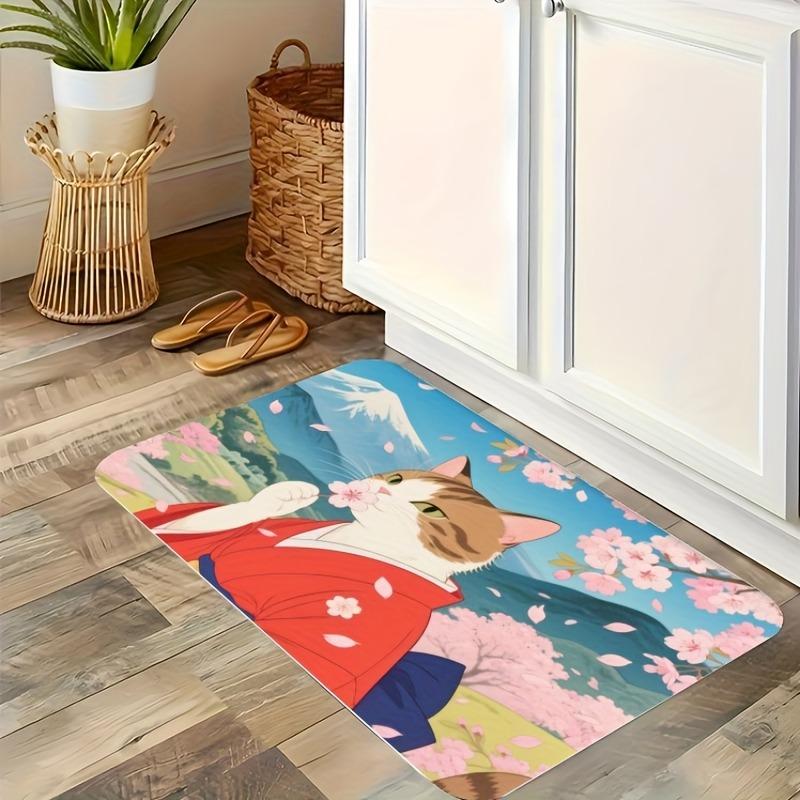 1PC Yellow Floral Pattern Kitchen Rug Non-Slip Door Mat Pop Design Bathroom Rug Bath Mat Carpet for Home Sink Laundry Decor