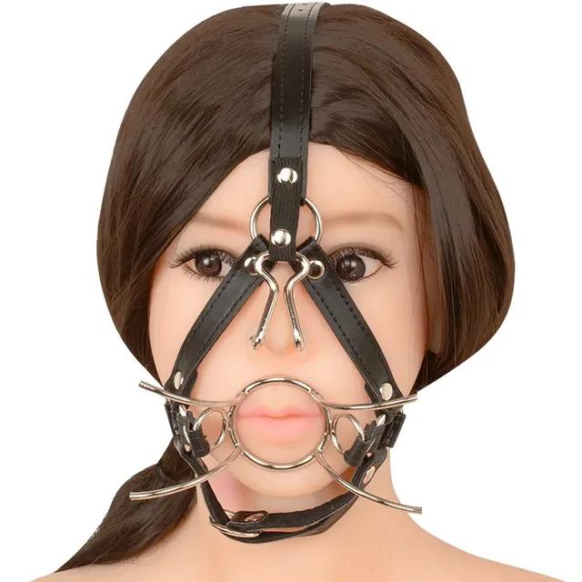 Faux Leather Steel O-Ring Spider Open Mouth Ring Gag Head Harness Restraint with Nose Hook SM Bondage Restraints Gag Sex Games