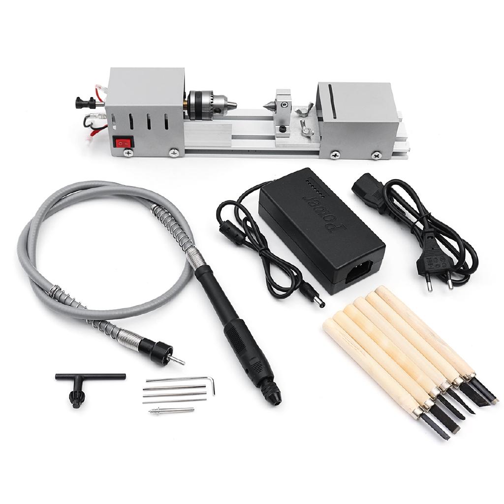 DC 12-24V Mini Lathe Beads Machine Woodwork DIY Lathe Standard Set with Carving Cutter Wood Lathe