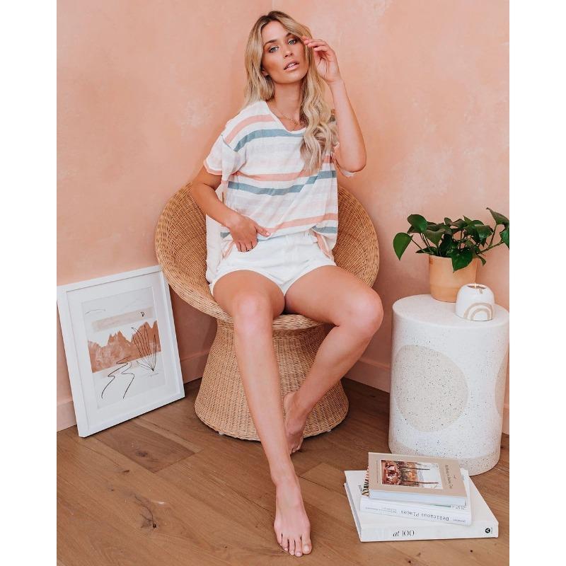 VEZFAA Women's Fashion Casual Summer Spring Stripe Print Short Sleeve O-Neck Blouses & Shirts