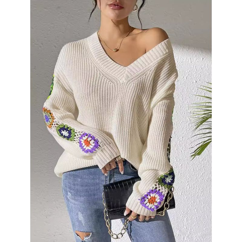 Long-Sleeve V-neck Top Mixed Color Hand Hook Flower Patchwork V-neck Pullover Loose Casual Sweater Top