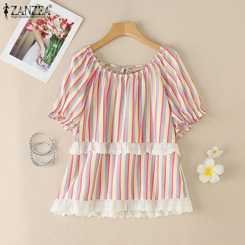 

ZANZEA Women Casual O-neck Short Sleeve Lace Splice Summer Stripe Blouse S розовый