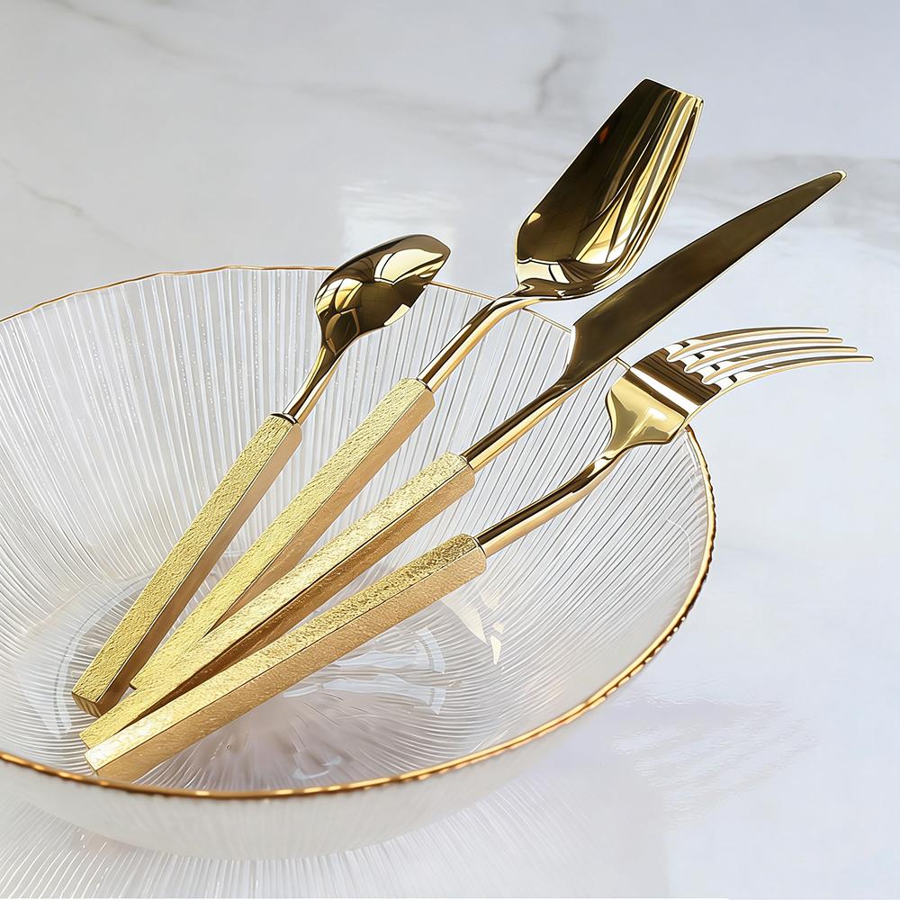 Luxury 4Pcs Sliver Tableware 304 Stainless Steel Cutlery Set New Western Cube Handle Dinner Set Mirror Golden Knife Fork Spoon