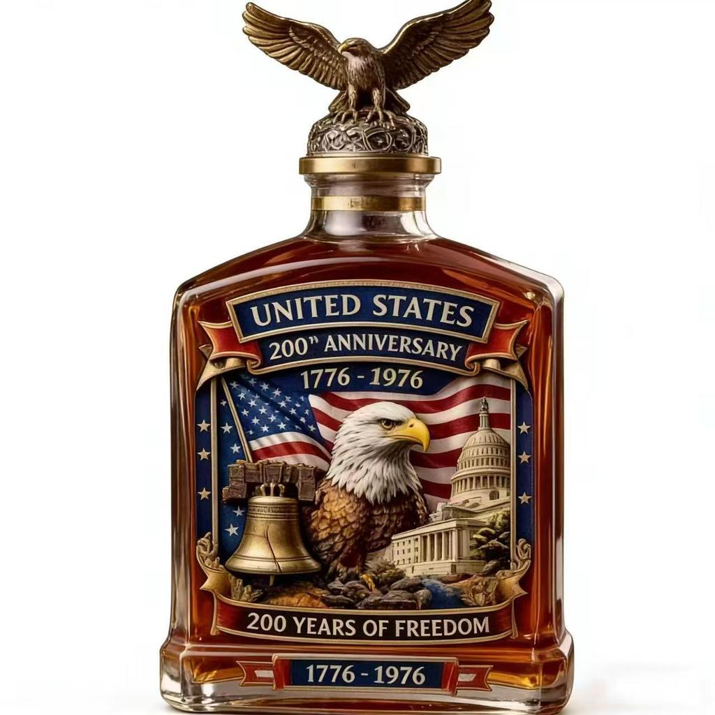250th Anniversary Whiskey Bottle Commemorative Glass Colored Square Bottle Decanter Barware Bell Cap Set with Cup