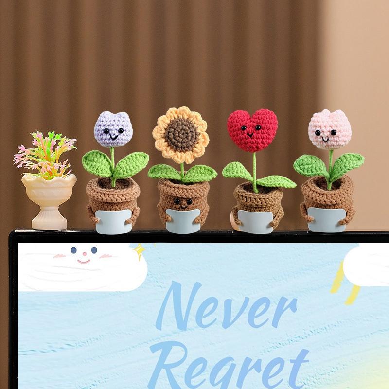 Crochet Flowers Potted Valentine's Day Gift Woven Sunflowers Crochet Ornament with DIY Note Card Desk Ornament Birthday Gift