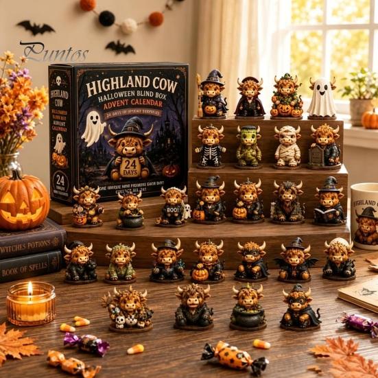 Halloween-Schmuckset Schottische Hochlandkuh Adventskalender, 24-Tage Countdown-Box Geschenk mit 24 Stück Figuren, Gruselige Dekorationen für Kinder