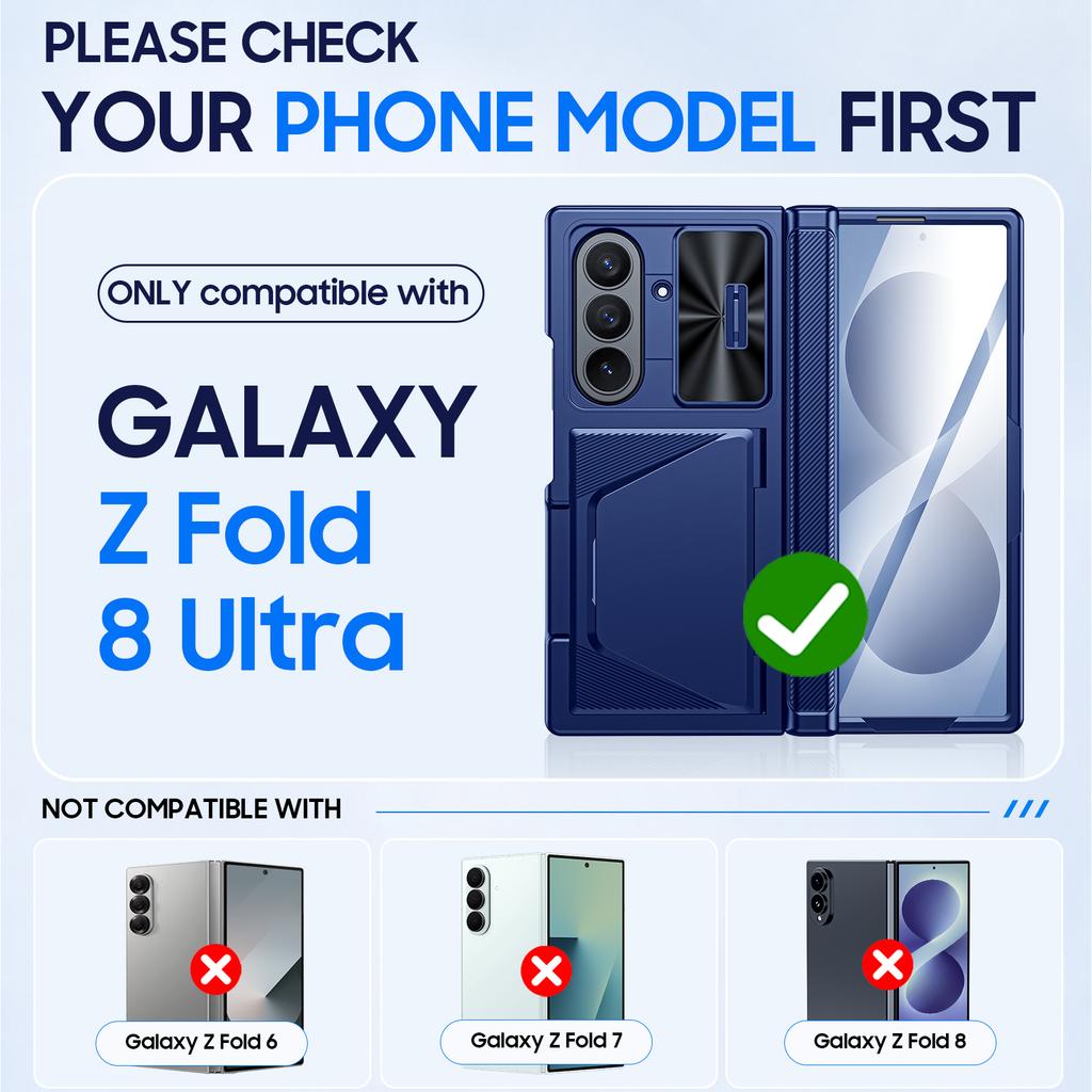 Wallet Phone Case with Hidden RFID Card Slot and Hinge Protection, Hard Shell for Galaxy Z Fold 8 Ultra-Blue