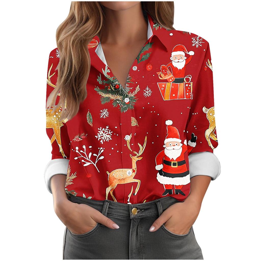 Women's Christmas Long-sleeved Button-down Lapel Shirt, Fashionable Holiday Santa Claus Elements, Cute Festive Party Shirt