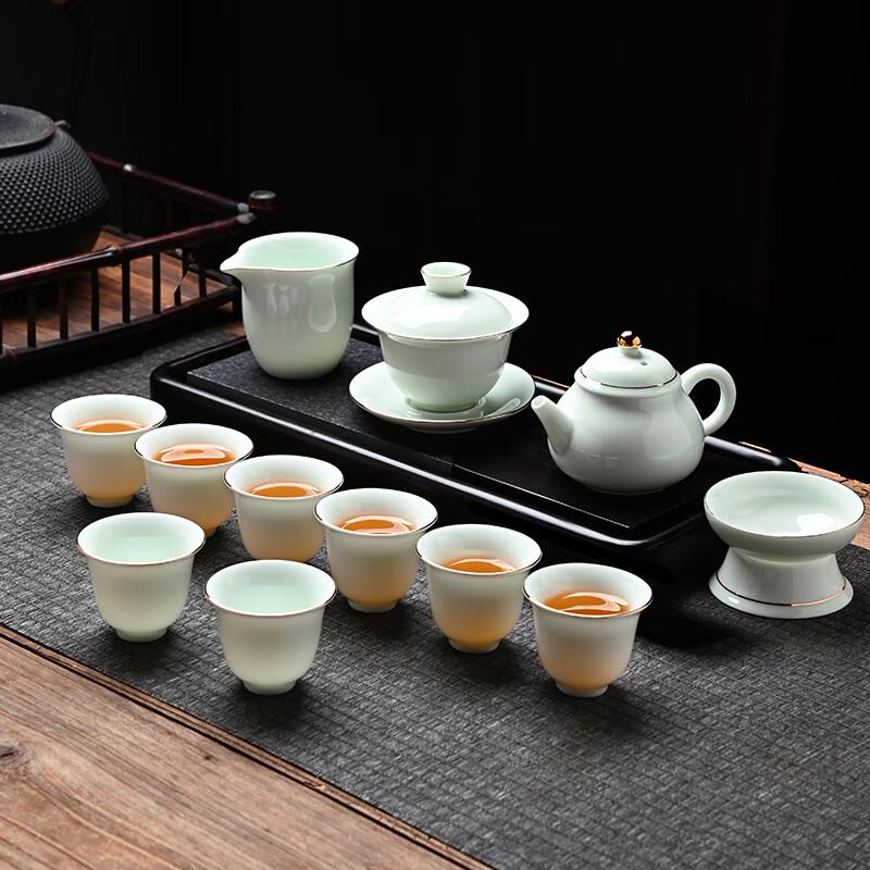Japanese Hand-painted Ceramic Kung Fu Tea Set - 13-piece with Gold-painted Wendan Pot