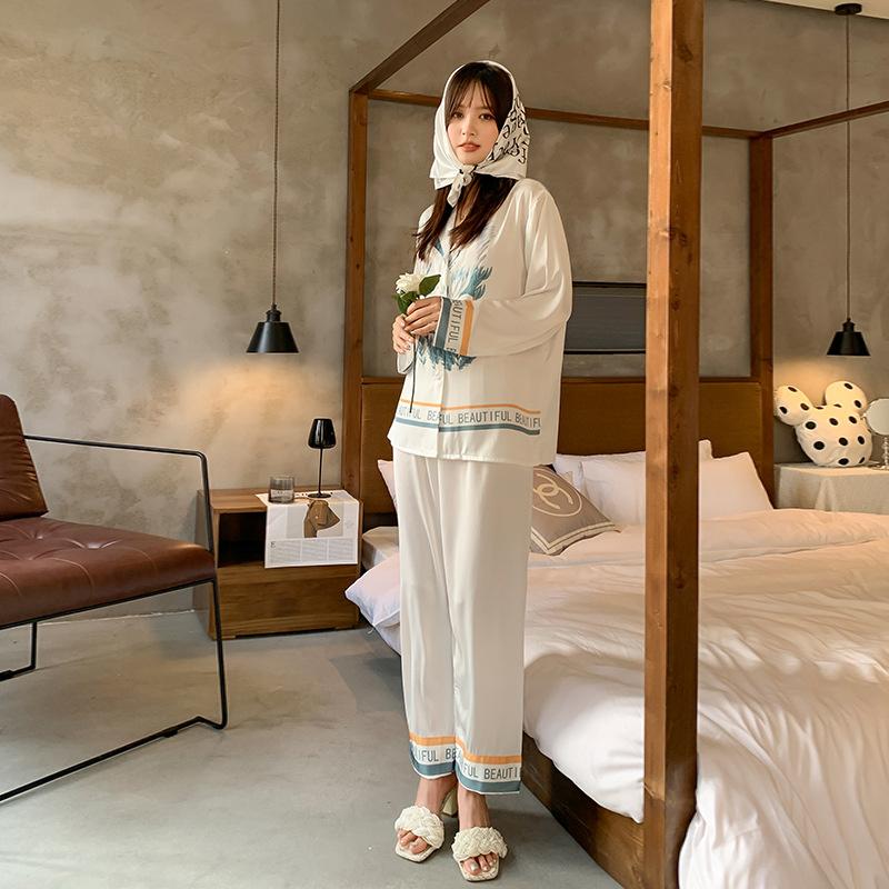 

Пижама из тонкого атласа Ice Silk с длинным рукавом и брюками из двух предметов на весну и осень XL