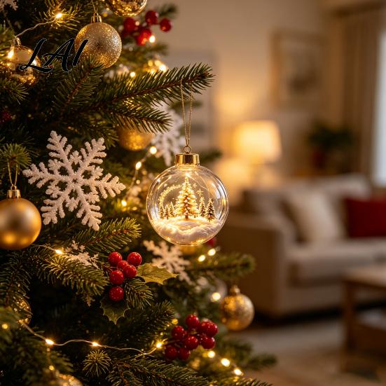 3D Winter Scene Baubles Glowing Christmas Story Ornament Light-Up Ball with Warm LED Light Mini Holiday Acrylic Festive Tree in Clear Hanging