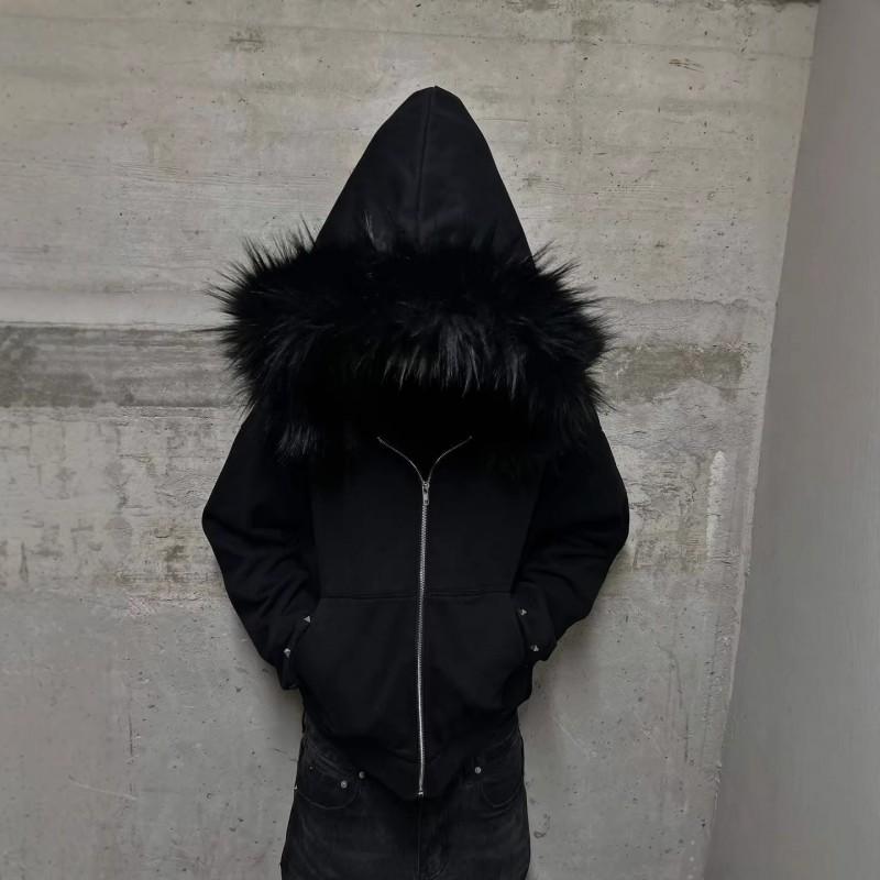 Stilvolles Kapuzensweatshirt Mit Strassverzierungen Kunstpelzbesatz Lockere Passform Langarm-T-Shirt Herren Winter Streetwear
