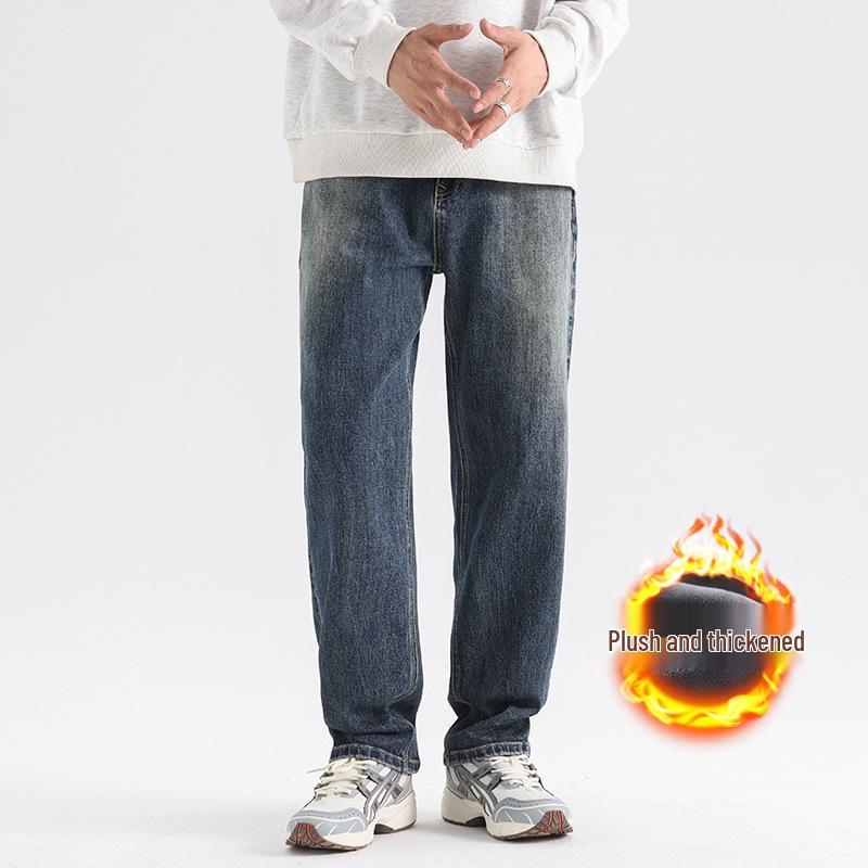 

Мужские эластичные джинсы на флисовой подкладке: Осенне-зимние свободные повседневные брюки прямого кроя 34 синий