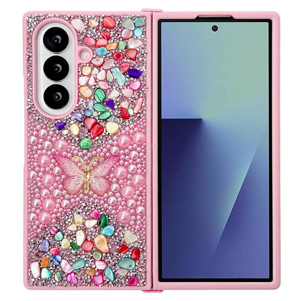 

For Samsung Galaxy Z Fold7 5G PC Phone Case Colorful Rhinestone Butterfly Decor Mobile Cover Pink