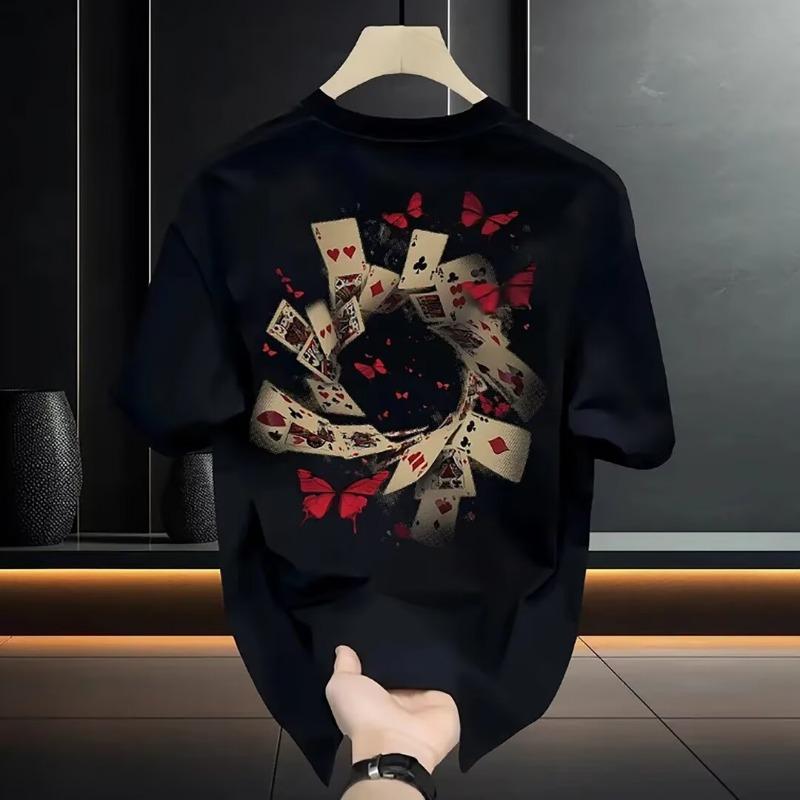 Men Casual Fashion Short Sleeve Playing Card Print Cotton T Shirt Daily Top