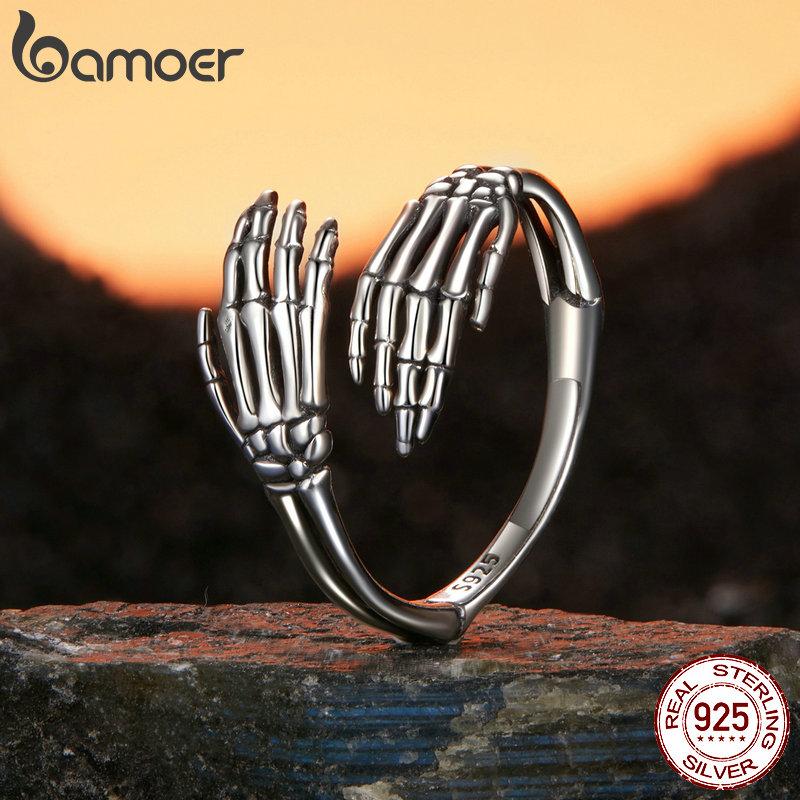 Bamoer 925 Sterling Silver Hug Hand Opening Ring For Women Jewelry Skull Open Ring Vintage Oxidized Silver Simplicity Ring Gift
