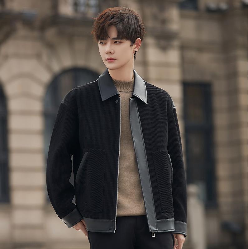 

Осенний дизайн для пожилых людей из искусственной кожи, сращивание, куртка с лацканами, хулиганское красивое пальто, свободное короткое пальто, топ для мужчин XXL чёрный